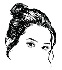 Retro Cat eye sunglasses fashion illustration, 90s style modern renaissance .Stylish girl with big lips and natural makeup. Perfect eyebrows and long eyelashes.Silky healthy short bob hair. 