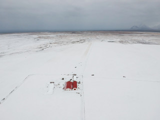Iceland road in wonter from sky view