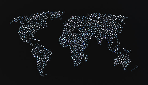 Fototapeta Lots of gems scattered in the shape of a continent map on a black background. 3d illustration