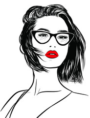 Retro Cat eye sunglasses fashion illustration, 90s style modern renaissance .Stylish girl with big lips and natural makeup. Perfect eyebrows and long eyelashes.Silky healthy short bob hair. Business c