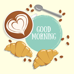 Latte art on a background with ink drops. Coffee, croissants, coffee beans and spoon. Good morning text. Vector illustration
