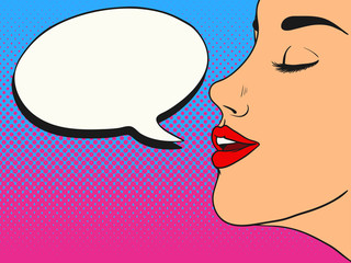 Woman with speech bubble. Comic style. Pop Art vintage vector illustration