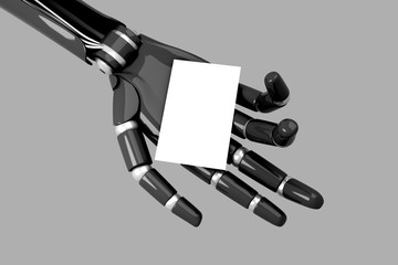 Humanoid robot hand holding a white business card. 3d illustration