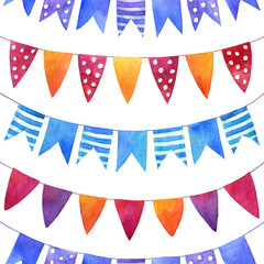 Fototapeta premium Watercolor hand drawn seamless birthday pattern with flags garlands