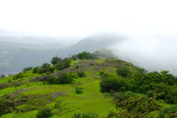 Green landscape surrounded by hills, mountains in monsoon season 