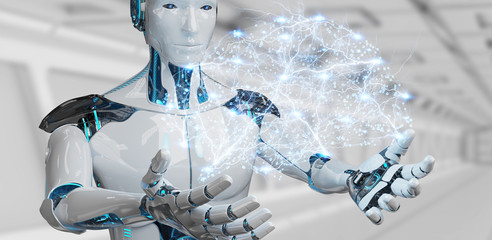 White man humanoid creating artificial intelligence 3D rendering