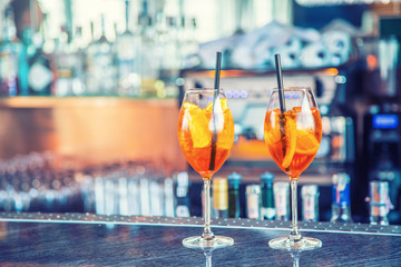Aperol spritz drink on bar counter in pub or restaurant
