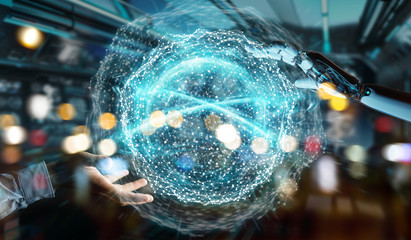 White humanoid hand using digital global network 3D rendering