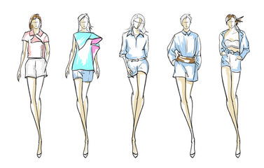 Sketch. Fashion Girls on a white background. Vector illustration.