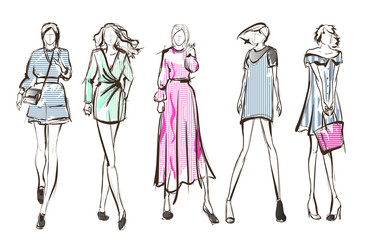 Sketch. Fashion Girls on a white background. Vector illustration.