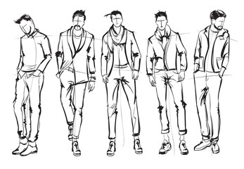 Fototapeta na wymiar Fashion man. Set of fashionable men's sketches on a white background. Spring men.