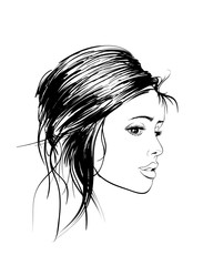 Sketch of the face of a fashion girl. Fashion girl face. Women face on white background.