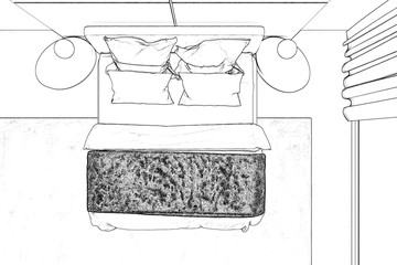 3d illustration. Bedroom sketch. Top view