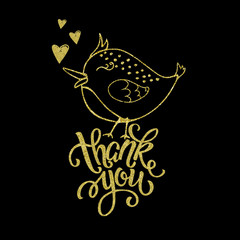 Thank you, lettering. Black background, glitter, graphic doodles. Songbird and hearts