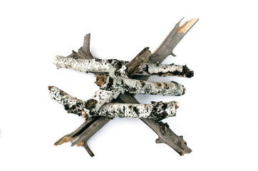 Dry aspen and birch tree branch isolated on white background.