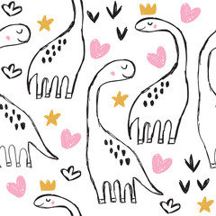 Cute brontosaurus and doodles seamless pattern