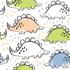 Cute dinosaur and doodles seamless pattern
