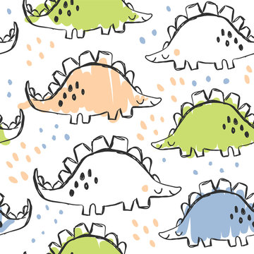 Cute dinosaur and doodles seamless pattern © tanya