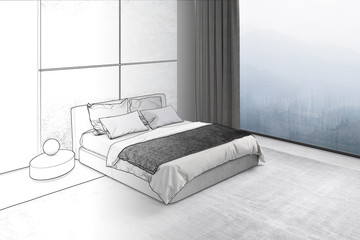 3d illustration. Bedroom sketch turns into a real interior