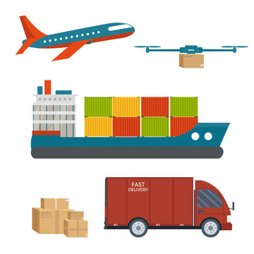 Logistics and delivery service set: truck with packages, helicopter, scooter, plane, cargo shipping, van