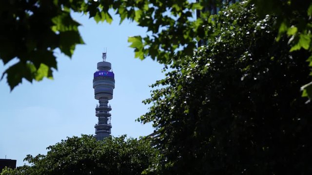 London BT tower through trees sunny day 2018