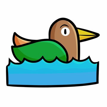 Cute and funny green brown duck swimming - vector.