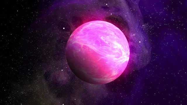 Abstract pink planet orbiting in space with evolving atmosphere and stars