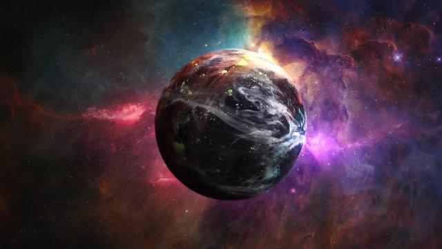 Abstract planet orbiting in space with an evolving atmosphere with swirling storm clouds