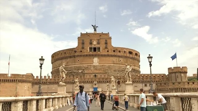 Hyper Lapse, Time Lapse of Pont Sant Angelo approaching Castel Sant Angelo at day in Rome, Italy - Europe