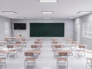 Modern classroom, desk 3d rendering