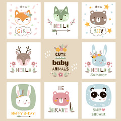 Set of cute baby animal cards vector illustration.