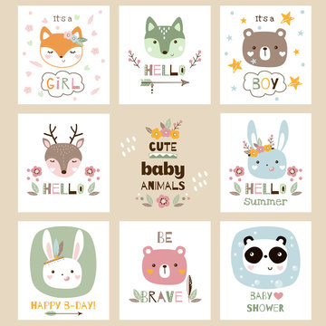 Set of cute baby animal cards vector illustration.