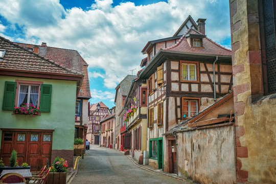 Half-timbered architecture in Alsace. The ancient city of Riboville. Wine Road Alsace. France.
