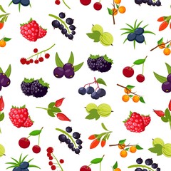 Natural organic berries seamless pattern with currant, cherry, raspberries, rowan, gooseberry, dogrose, blackberry, goji, juniper. Background vector illustration