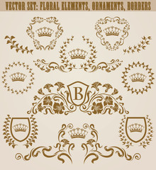Set of golden monograms with floral elements for page, web design. Filigree royal shields, old frames, borders in vintage style for label, emblem, badge, logo, wedding card, invitation. Illustration.