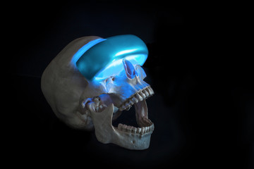 Danger of VR. Horrors of future technology. Skull in VR glasses