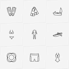 Water Sport line icon set with boat, lifebuoy and women swimsuit