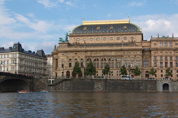 National Theater and Legions' Bridge from a boat on the river Vltava  