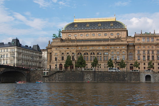 National Theater and Legions' Bridge from a boat on the river Vltava
