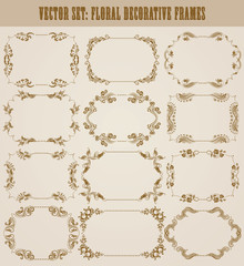 Vector set of decorative hand drawn elements, border, frame with floral elements for design of invitation, greeting, wedding, gift card, certificate, diploma, voucher. Page decoration in vintage style