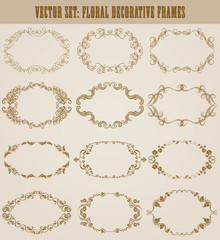 Vector set of decorative hand drawn elements, border, frame with floral elements for design of invitation, greeting, wedding, gift card, certificate, diploma, voucher. Page decoration in vintage style