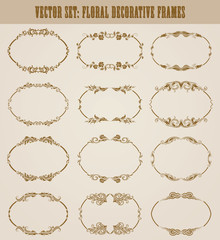 Vector set of decorative hand drawn elements, border, frame with floral elements for design of invitation, greeting, wedding, gift card, certificate, diploma, voucher. Page decoration in vintage style