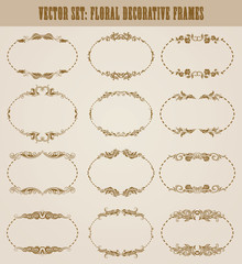 Vector set of decorative hand drawn elements, border, frame with floral elements for design of invitation, greeting, wedding, gift card, certificate, diploma, voucher. Page decoration in vintage style