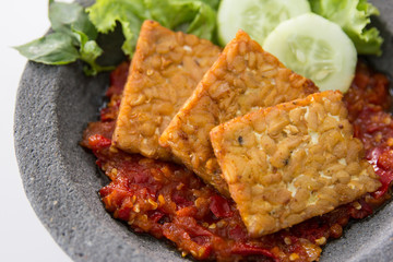 tempe goreng or fried tempe with spicy sambal