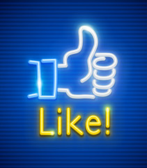Finger up with like gesture. Neon symbol popular icon