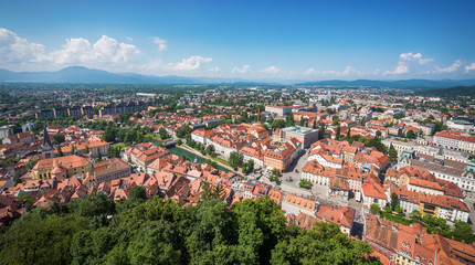 Fototapeta na wymiar Panoramic view on Ljubljana old town and city from Ljubljana Castle, Slovenia.