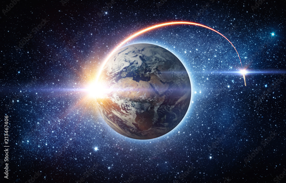 Poster rocket space ship launching from planet earth and flying into outer space. space exploration backgro