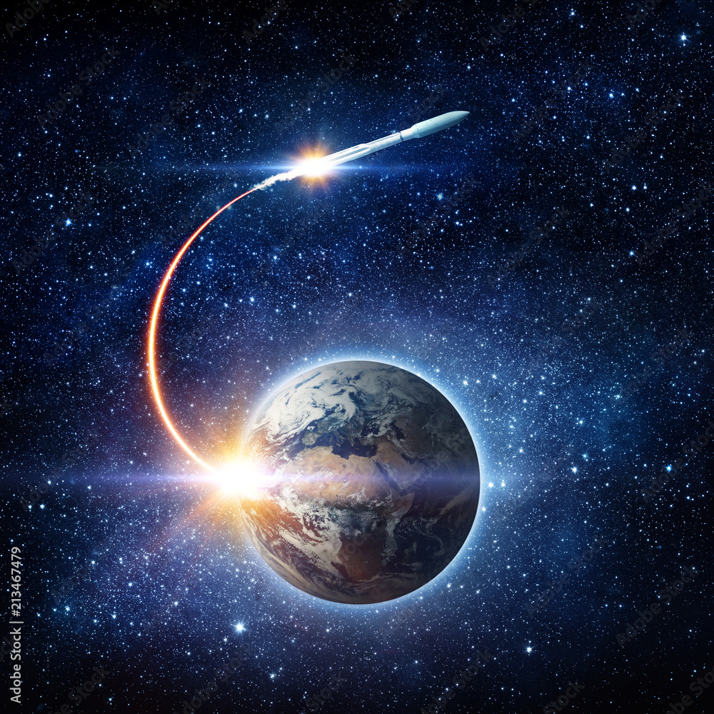 Wall mural rocket space ship launching from planet earth and flying into outer space. space exploration backgro
