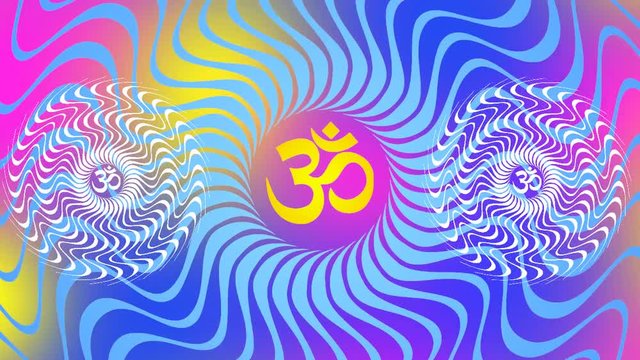 A rotating mandala with a sign of Aum / Om / Ohm in bright colors - blue, yellow, purple. Meditative pattern rotation. Video.