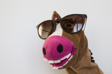 the funny donkey puppet show on the white background for school activity time. 
